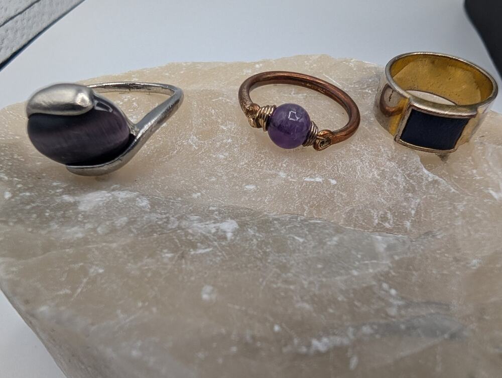 Set of 3 Fashion Rings: Amethyst Bead, Purple Stone, & Blue Enamel Statement